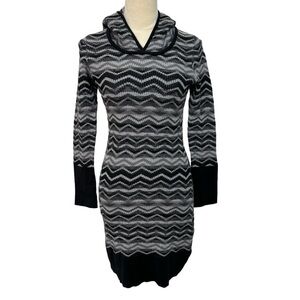Prana Black Gray Meryl Long Sleeve Hooded Knit Cozy Sweater Dress Size S